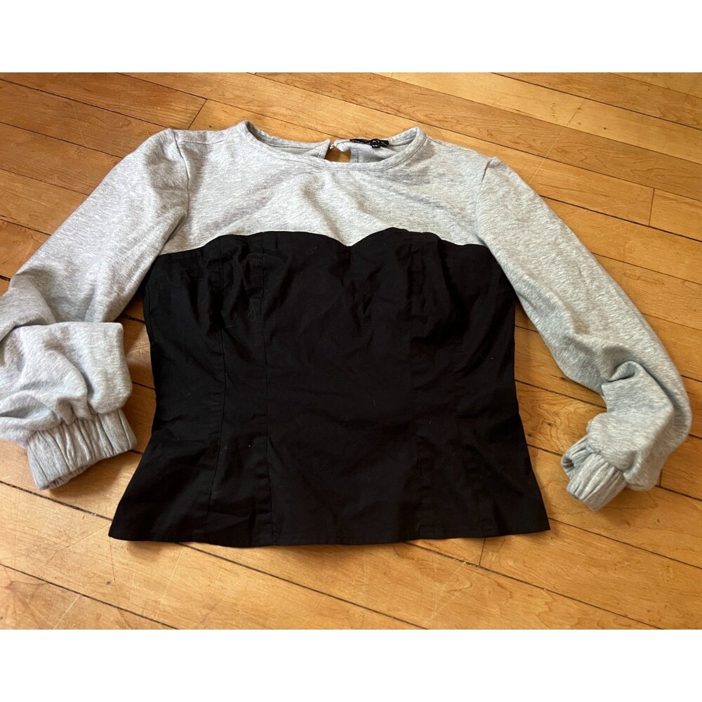 1.State Womens XS Mixed Media Corset Top Grey Black Long Sleeve Bustier Zip